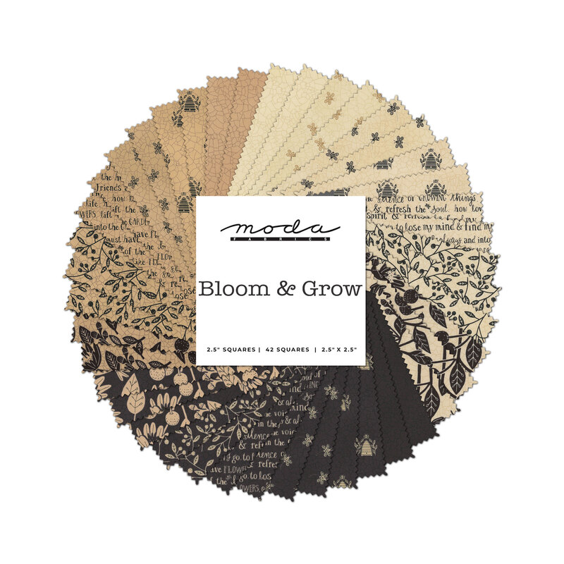 A spiraled collage of cream, tan, and black floral fabrics with a Moda Fabrics Bloom & Grow label in the center