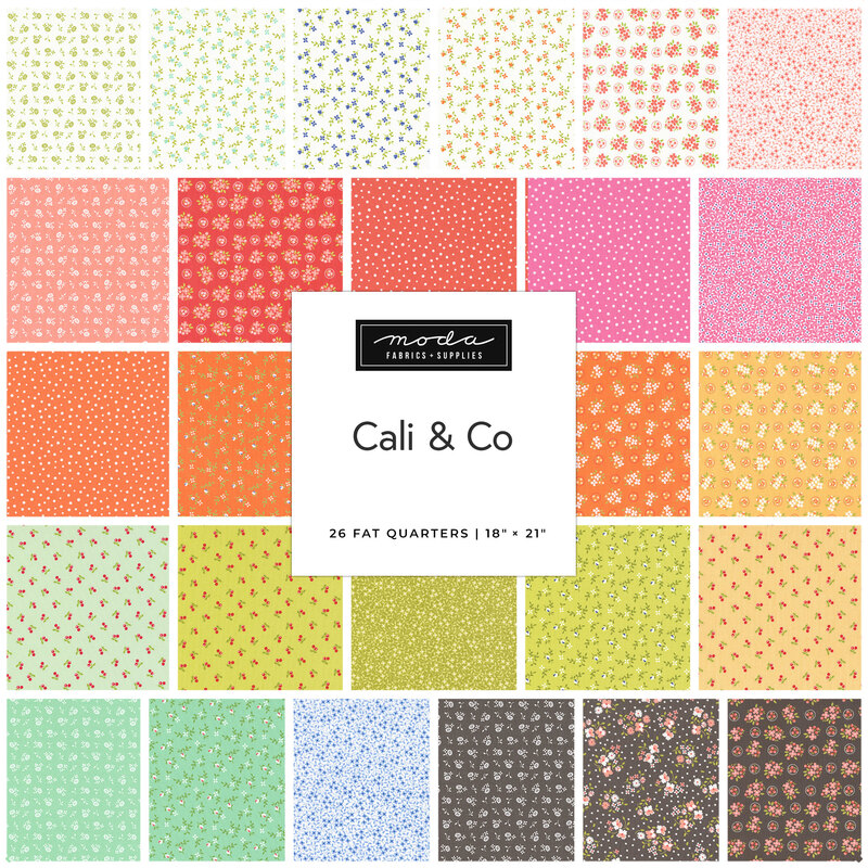 Collage of the fabrics in the Cali & Co fat quarter set featuring calico prints in shades of gray, green, white, orange, yellow, pink, and red