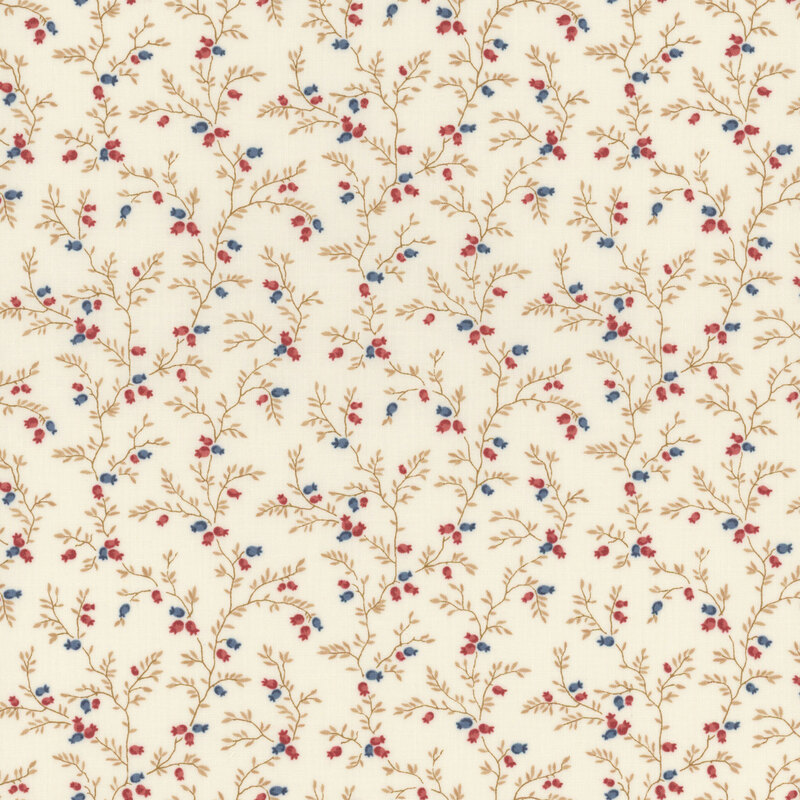 cream fabric featuring long branches and small flower buds coming off them