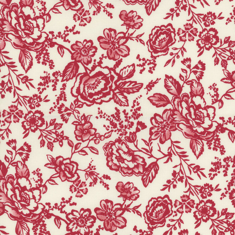 white fabric with large red outlined roses