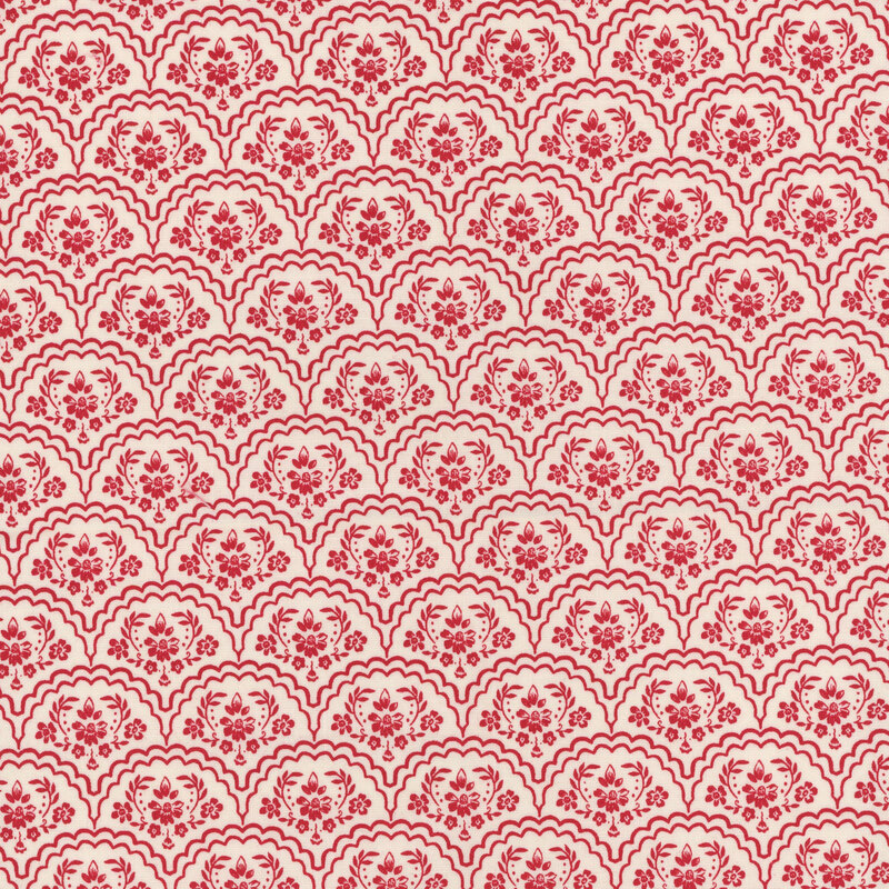 white fabric with red-lined floral scallops