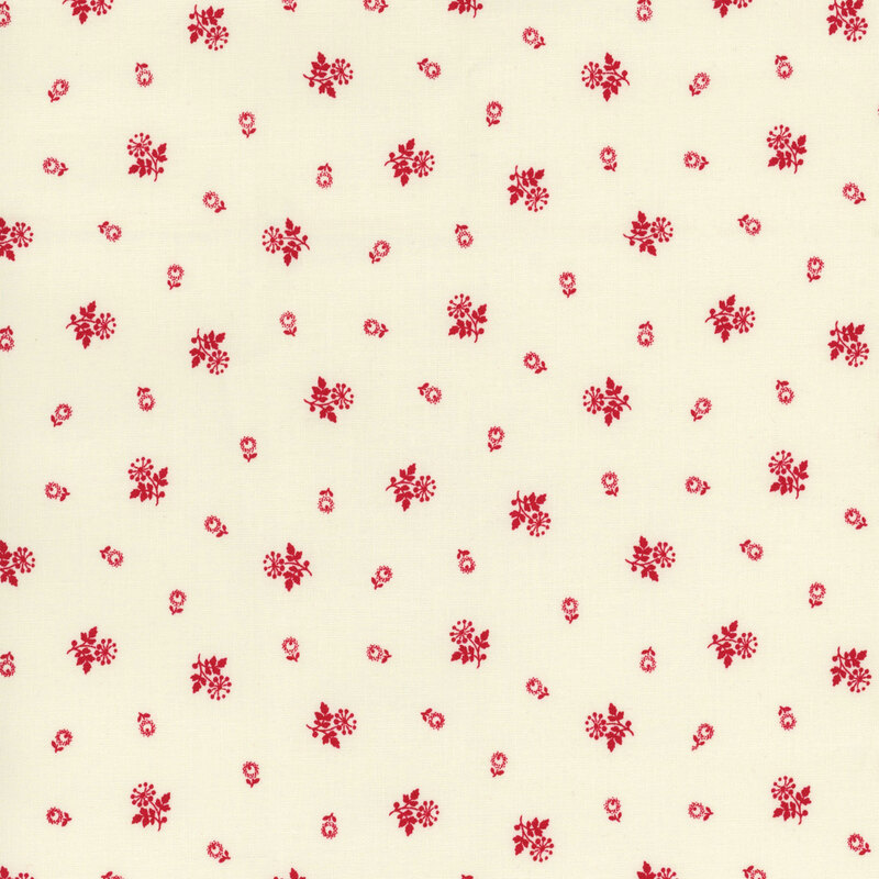 white fabric with red ditsy flowers and dandelions