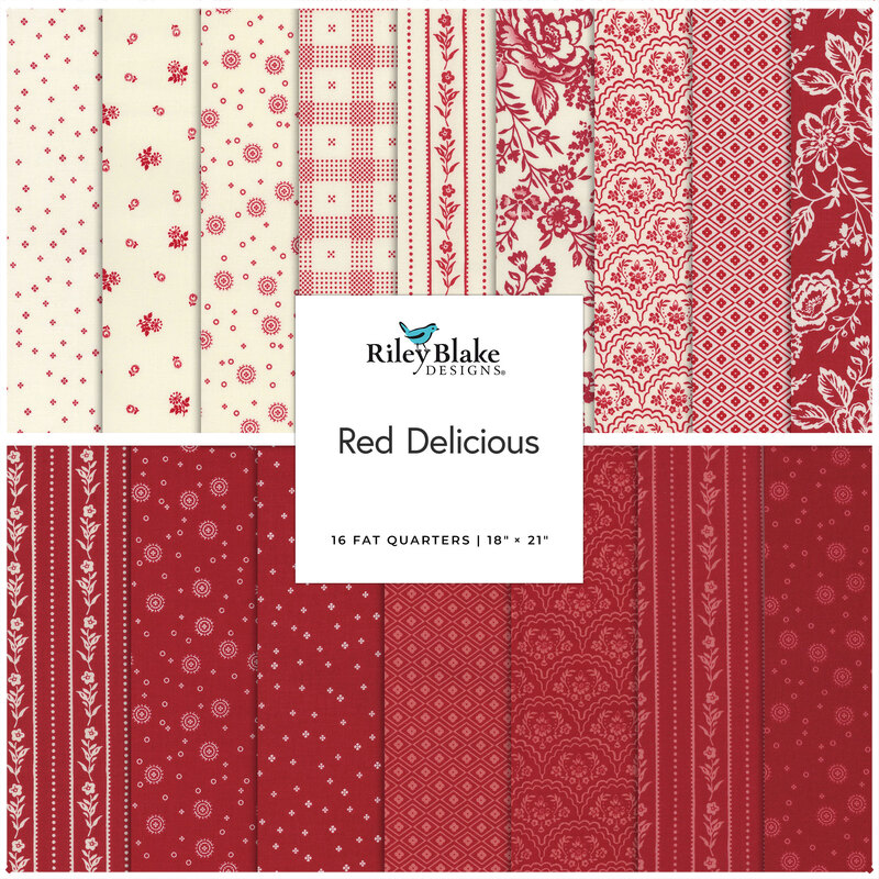collage of the fabrics in the Red Delicious 16 FQ set in shades of red and white