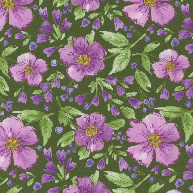 forest green fabric with large purple flowers open and also closed in blossoms