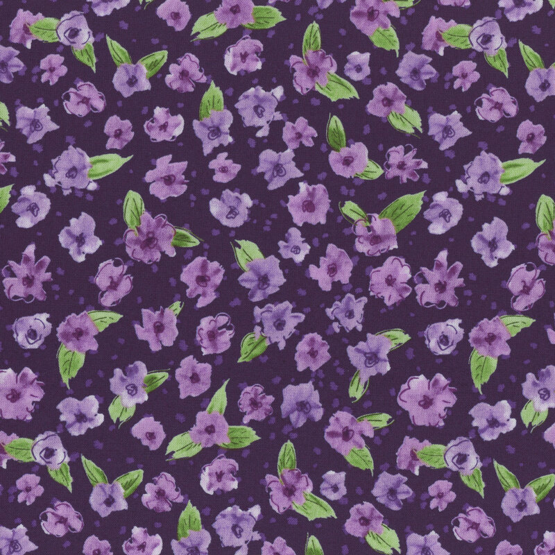 dark purple fabric featuring purple flowers with leaves and small purple splotches in the background