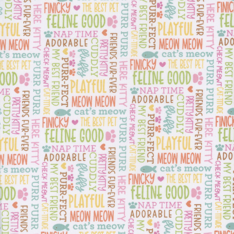 White fabric with multi colored words and cat-themed phrases all over