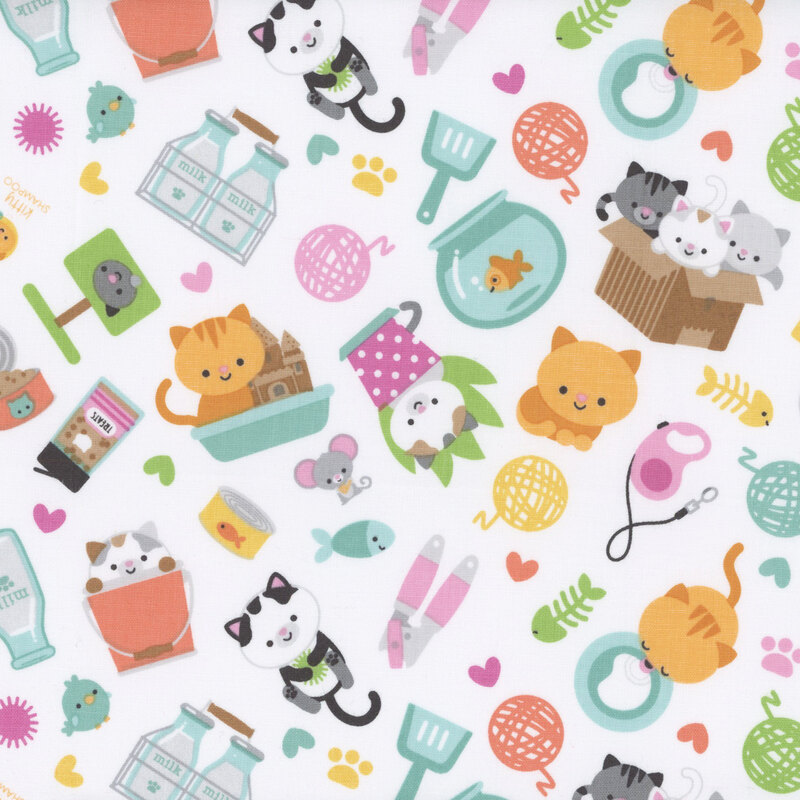 white sewing fabric with tossed cats, gold fish, hearts, and other household items