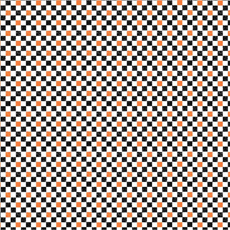 A Halloween black, orange, and white checker print fabric