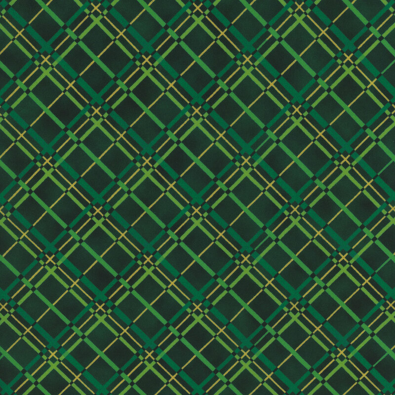 Dark green fabric with lighter green overlapping lattice patterns