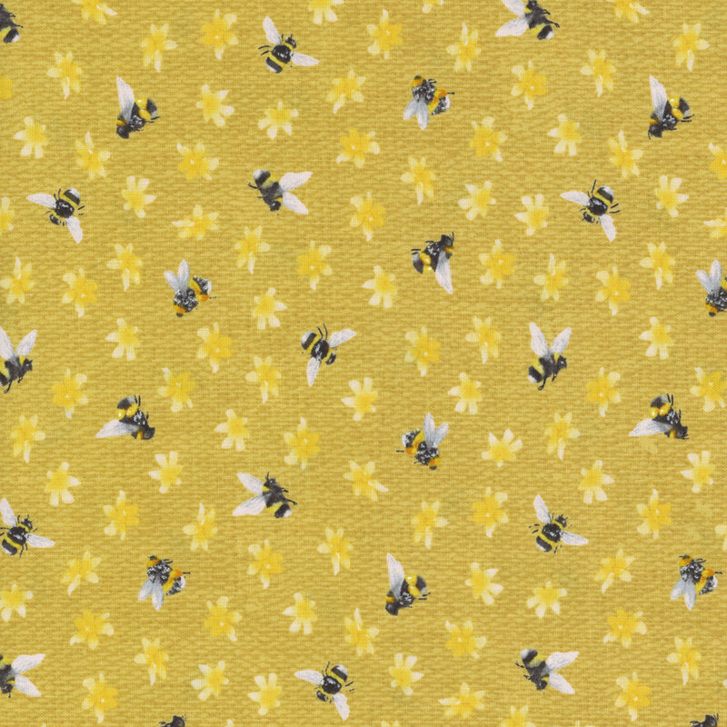 Gold fabric with a floral and ditzy bee pattern.