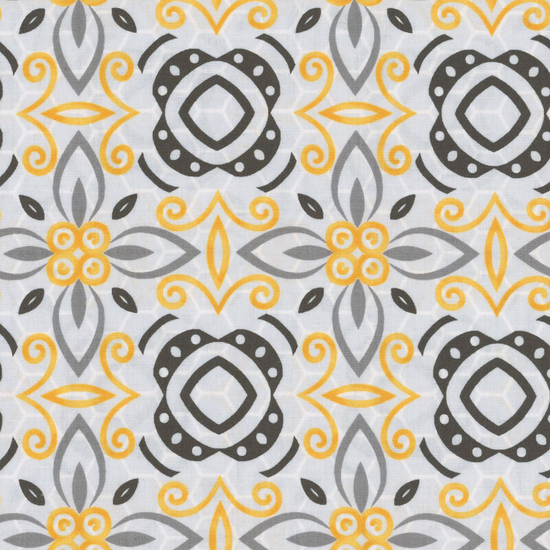 Light gray fabric with a bee colored damask pattern