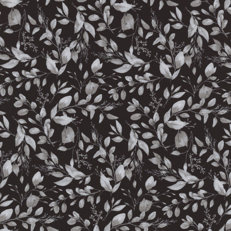 Black fabric with a grey leaf pattern