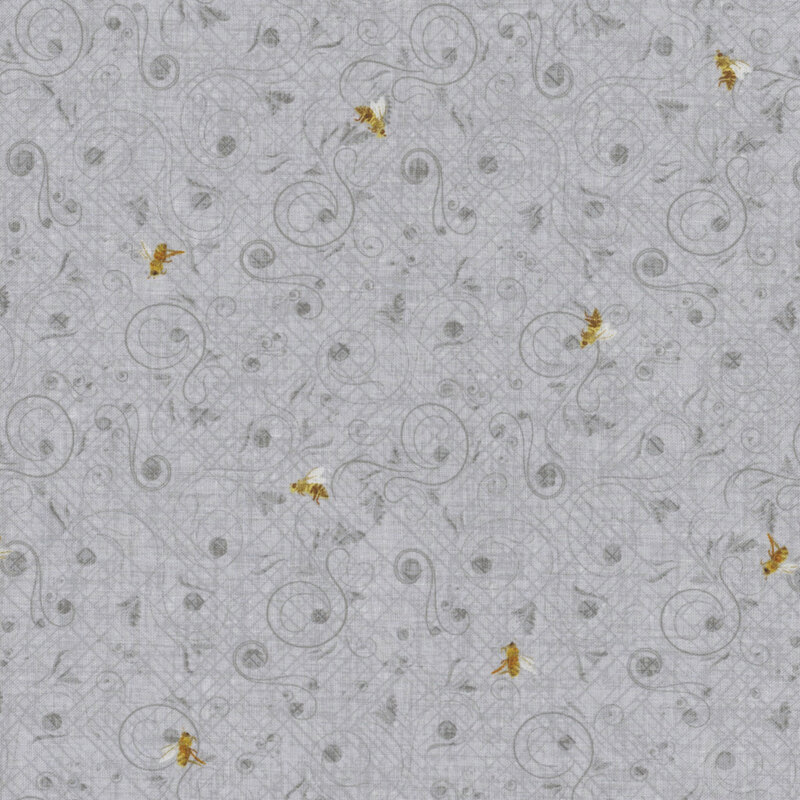 Grey fabric with flying bees on a swirling floral pattern.