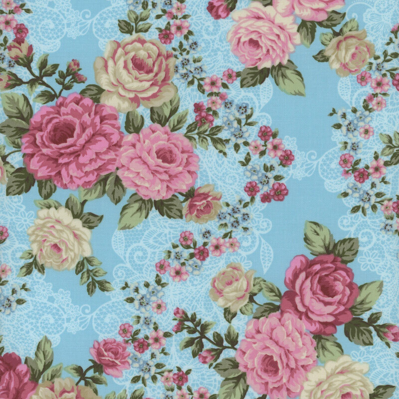 Light blue fabric with a multicolored rose pattern