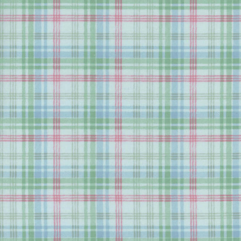 A repetitive pattern of light blue, green, and pink plaid design.