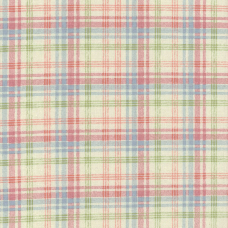 Pastel cream fabric with a blue, green, and pink plaid pattern.