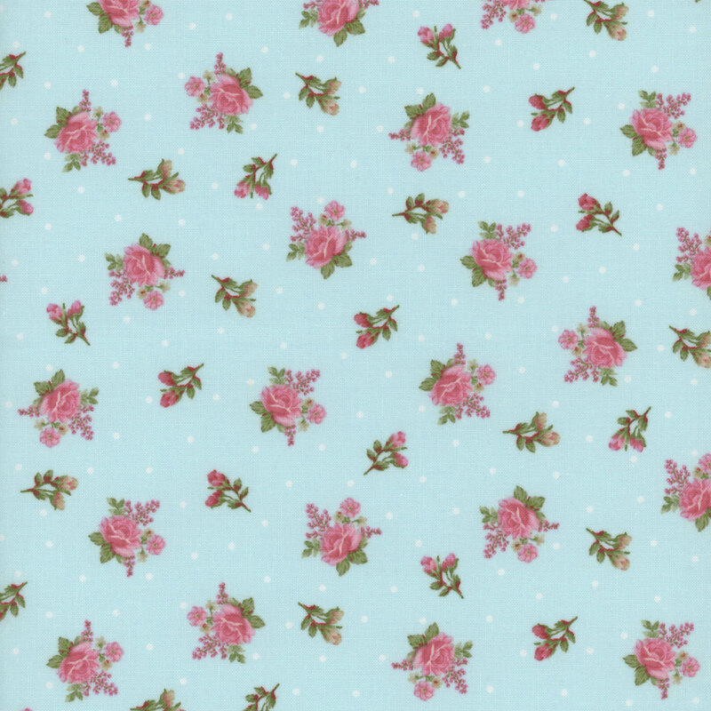 A light blue background covered in a repeated pattern of pink roses and small green leaves, with white polka dots scattered throughout.