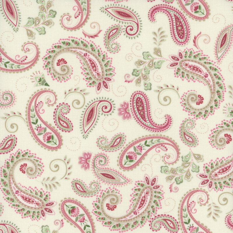 cream fabric with a floral pink and green paisley pattern. 