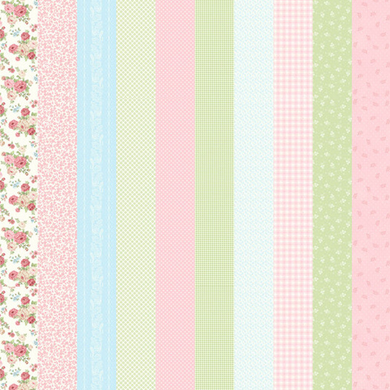 Pastel fabric with stripes that feature a collage of other fabrics in this collection