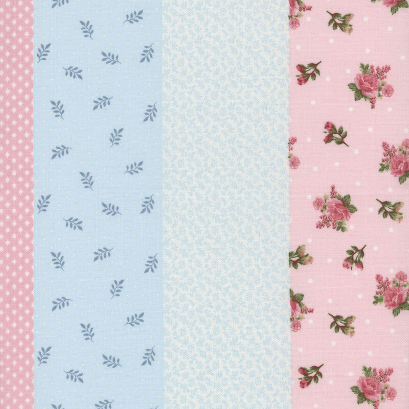 Pastel fabric with stripes that feature a collage of other fabrics in this collection