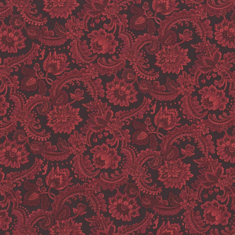 Black fabric with a red floral pattern 