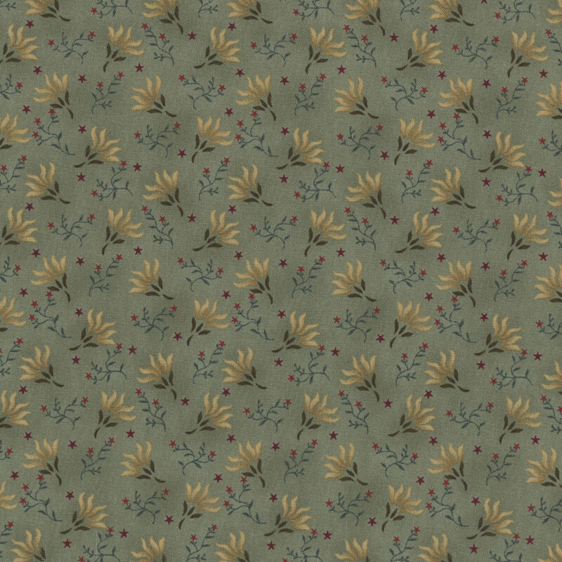 Green fabric with a star and ditsy floral pattern 