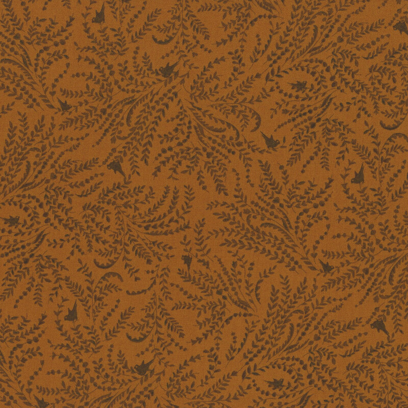 A repeating pattern of delicate leaves and vines in dark brown on an orange background.