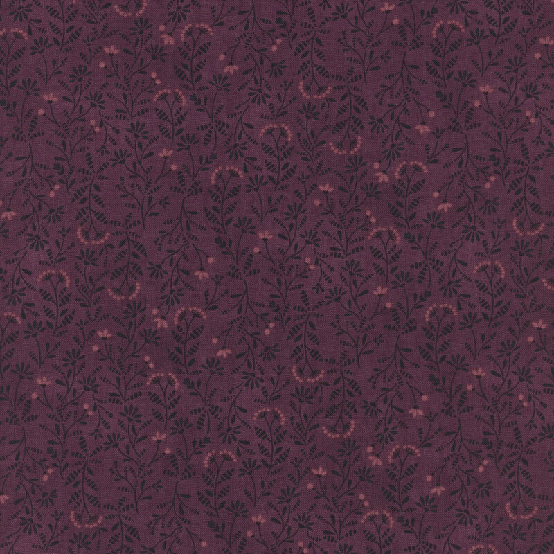 Purple fabric with a tonal leaf and flower pattern 