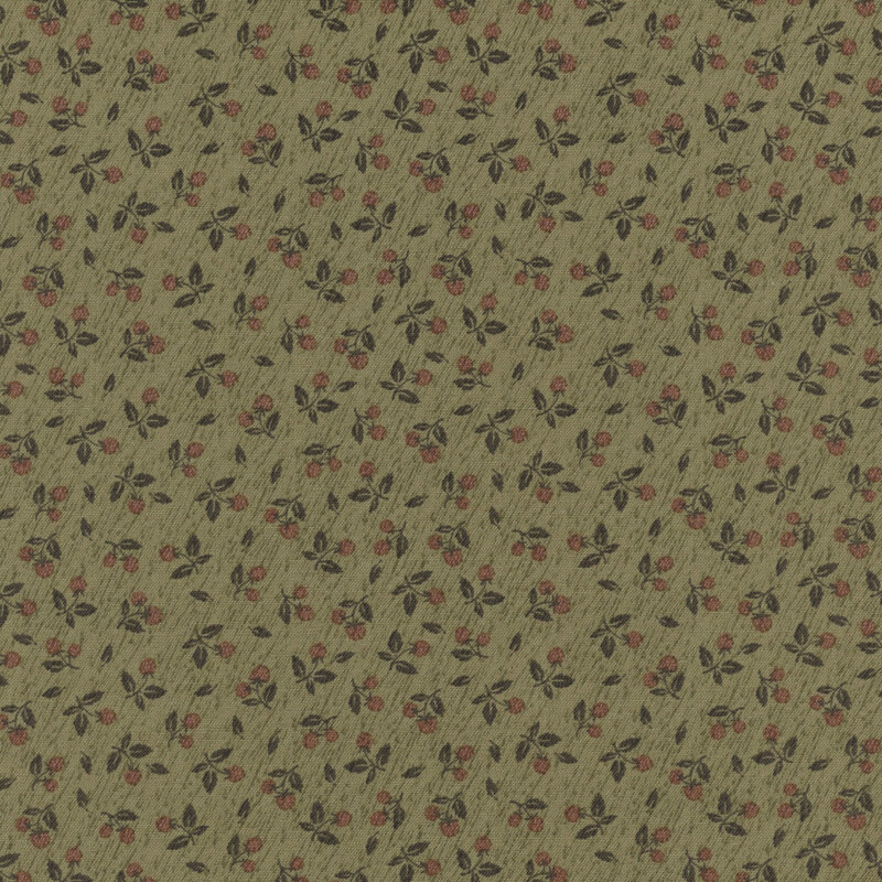 Green fabric with a ditzy fruit pattern 