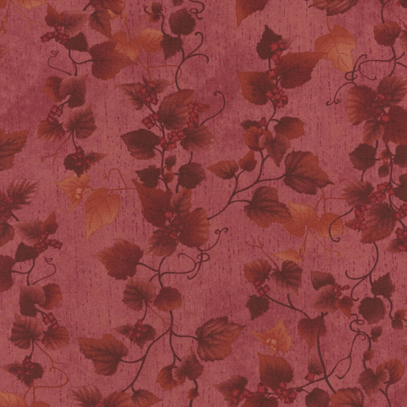 Mottled red fabric with a tonal leaf and vine pattern 