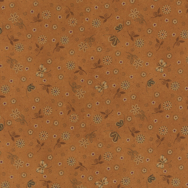 Mottled orange fabric with butterflies and stars