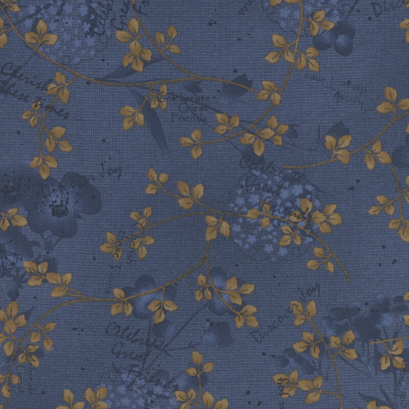 Mottled blue fabric with a tonal floral pattern and a golden leaf overlay.