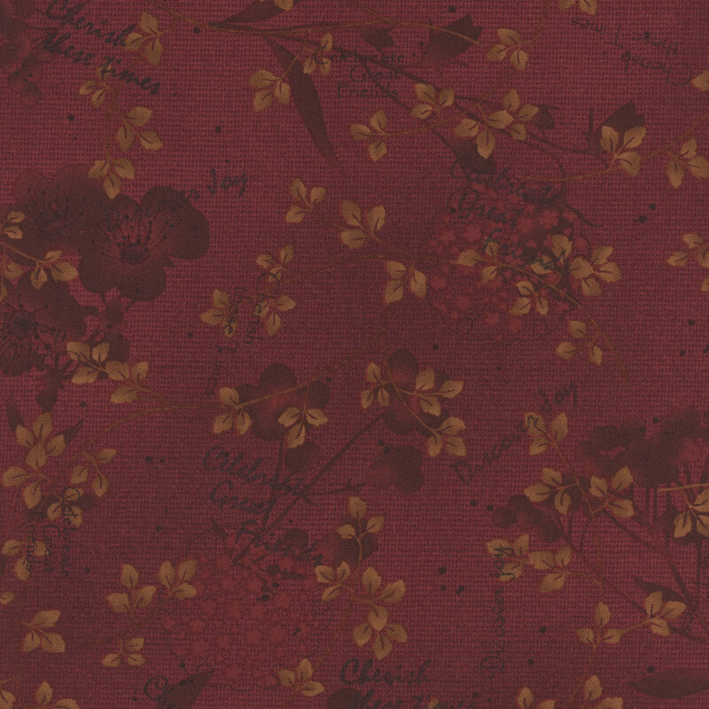 Red fabric with a tonal flower design and golden leaves