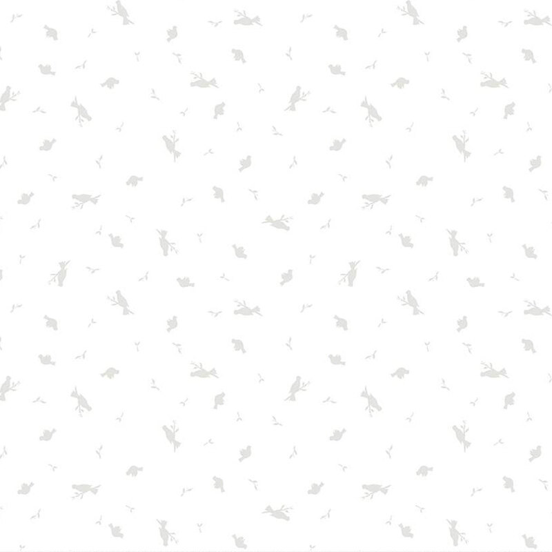 digital White fabric with scattered gray birds sitting on branches.