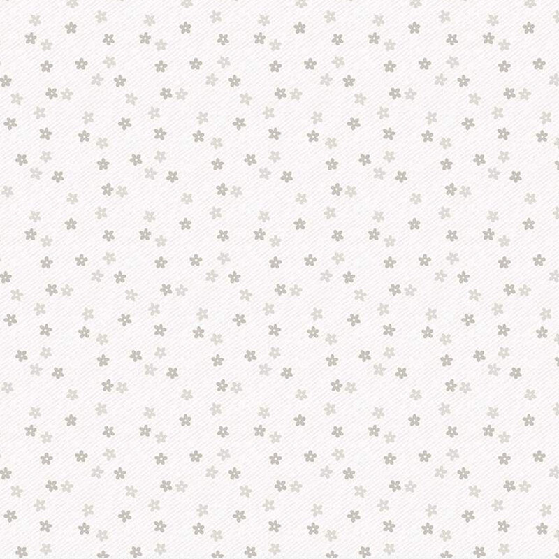 digital White fabric with scattered gray flowers and dashed lines throughout.