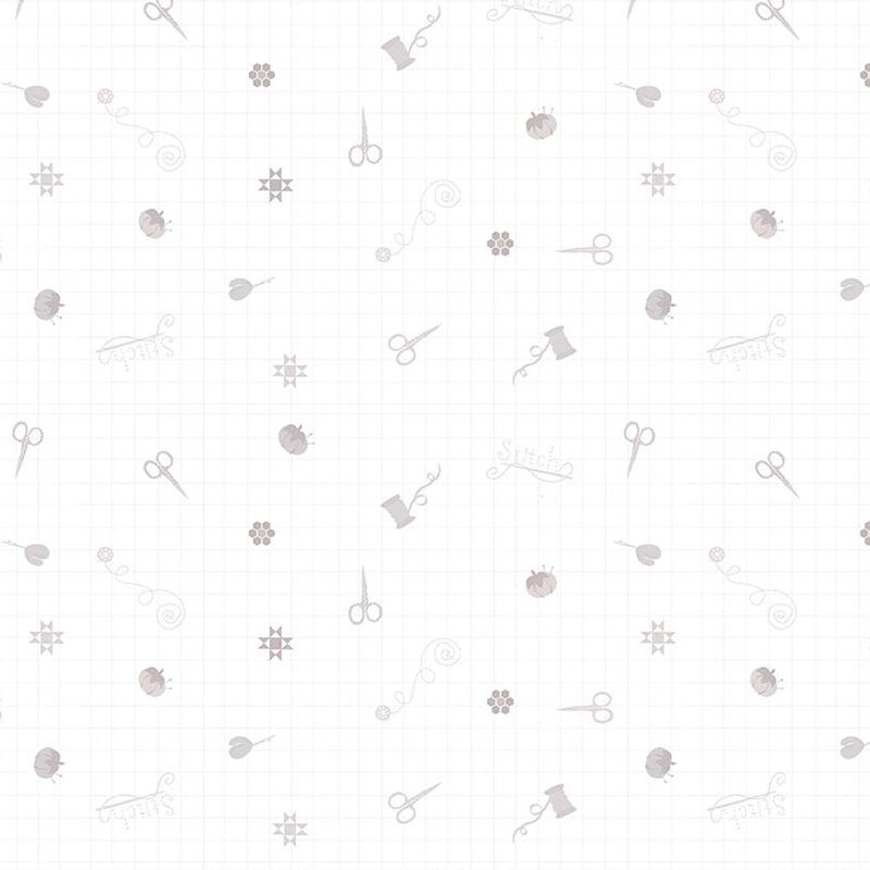 digital White fabric with tossed gray scissors, threads, and other quilting motifs