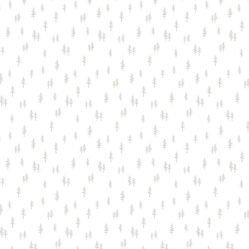 Digital image of white fabric with small gray pine trees scattered throughout.