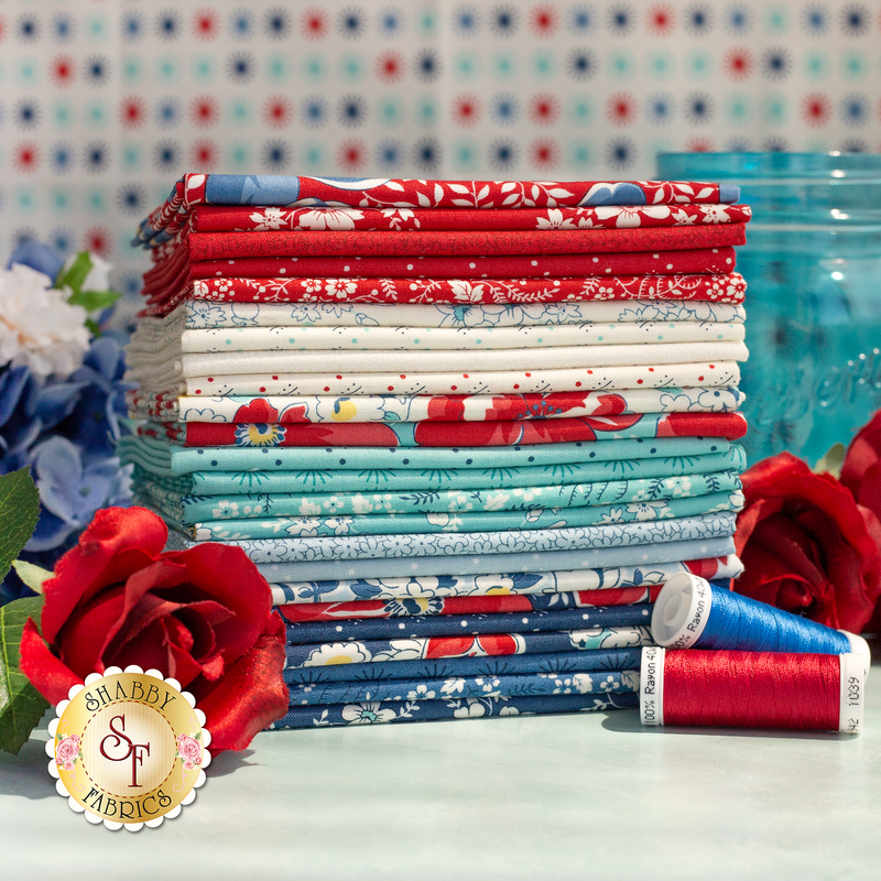 A bundle of white, red, and blue floral fat quarters 