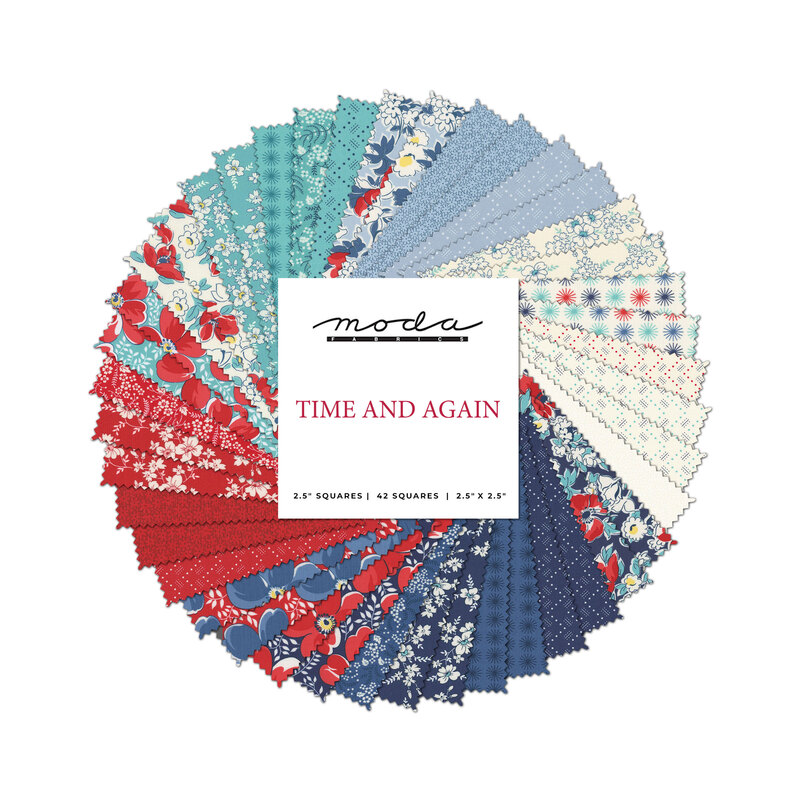 A circular collage of red, blue, white, and aqua fabrics with a Moda Fabrics Time and Again logo in the center