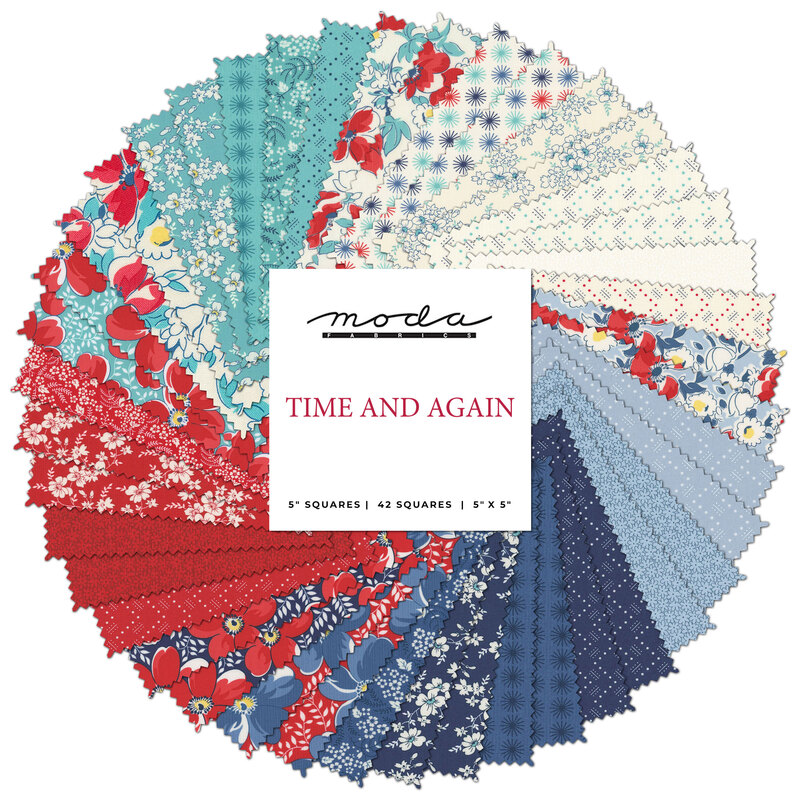 A circular collage of red, blue, white, and aqua fabrics with a Moda Fabrics Time and Again logo in the center