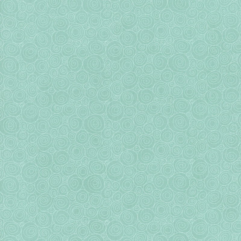 Aqua fabric featuring a packed design of thin white swirls