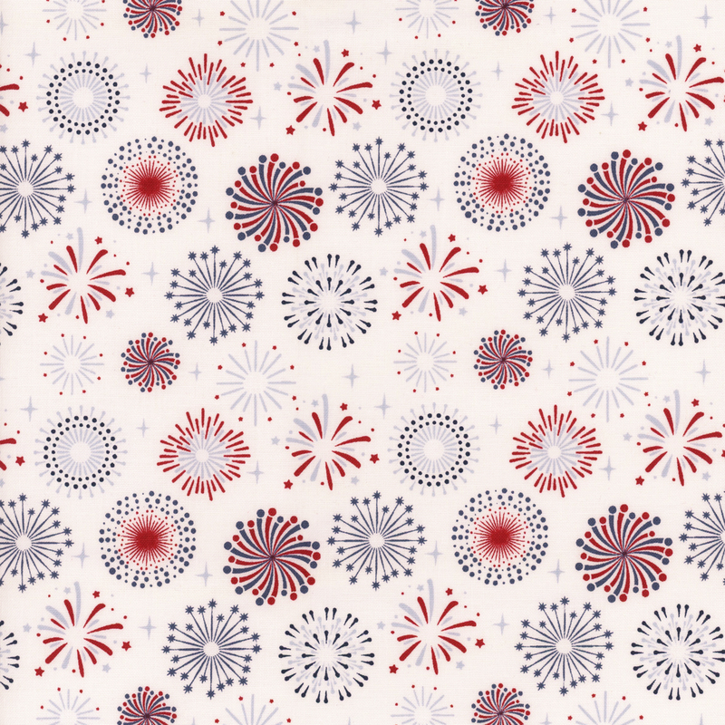 white fabric with red and blue exploding fireworks