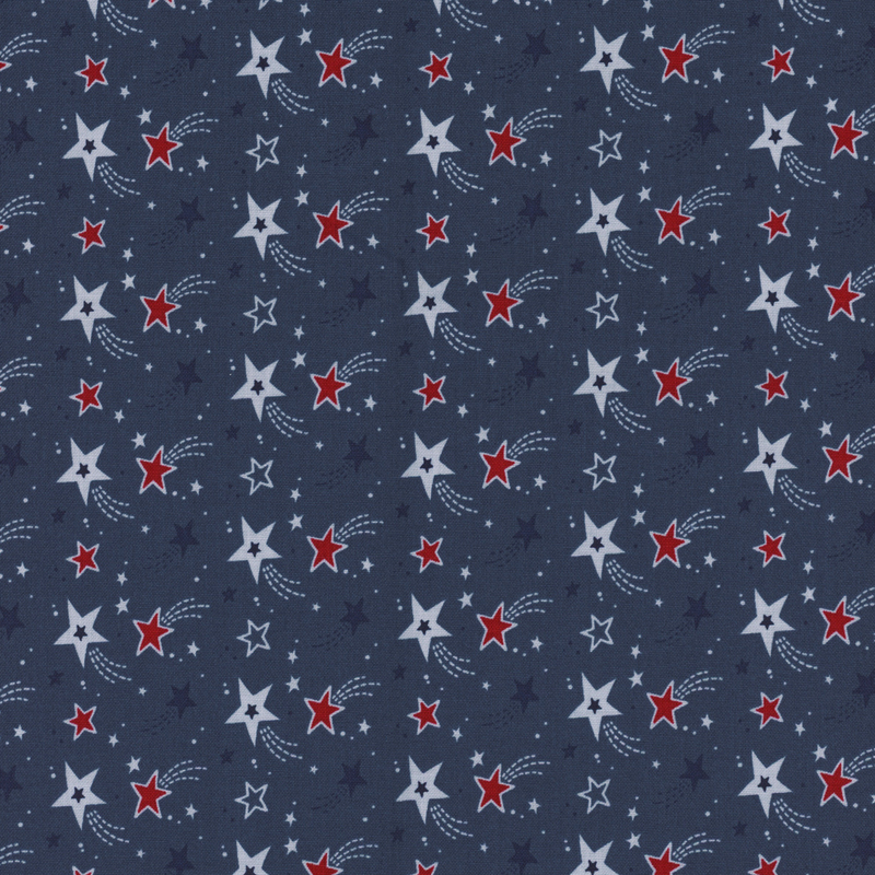 blue fabric with rows of red, blue, and navy shooting stars