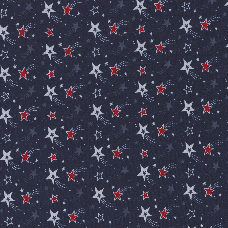 navy fabric with rows of red, light blue, and navy shooting stars