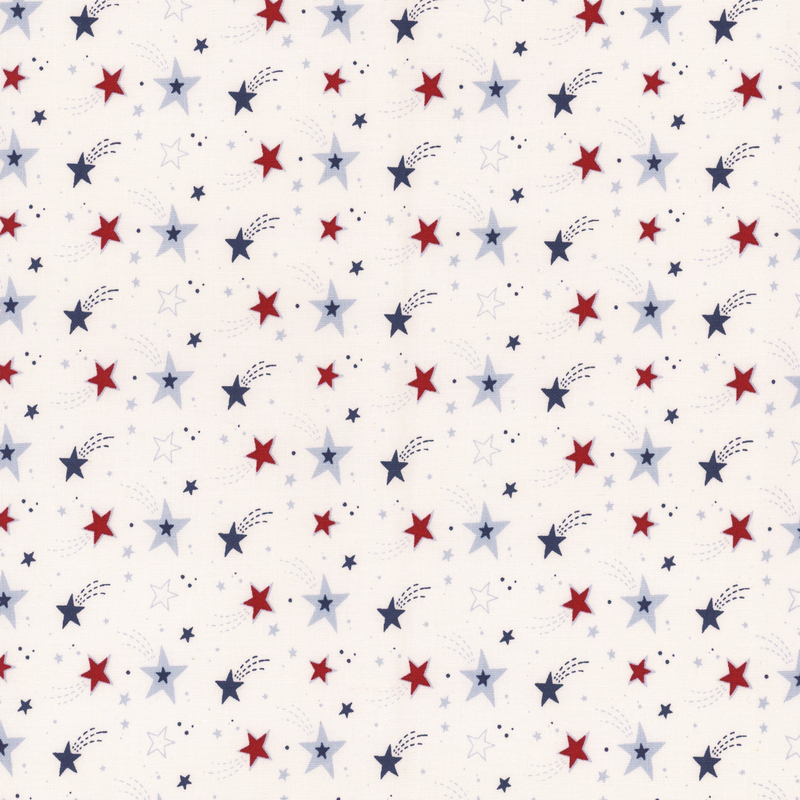 white fabric with rows of red, blue, and navy shooting stars