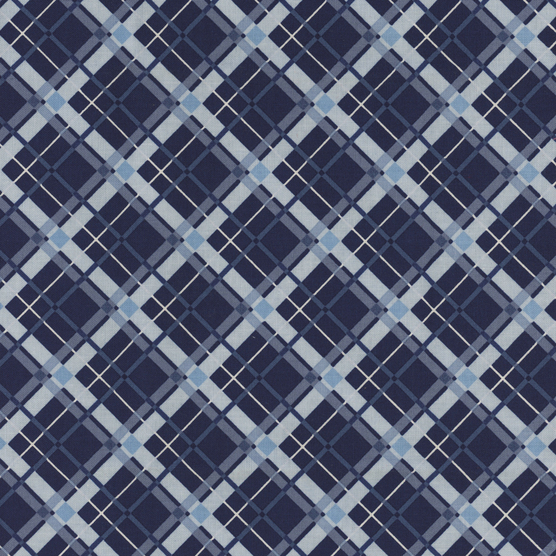 large plaid-patterned fabric in shades of blue and white