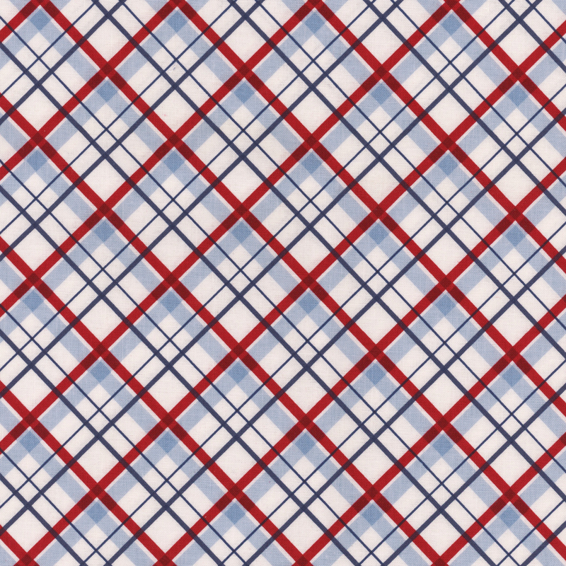 large plaid-patterned fabric in shades of red, white, and blue