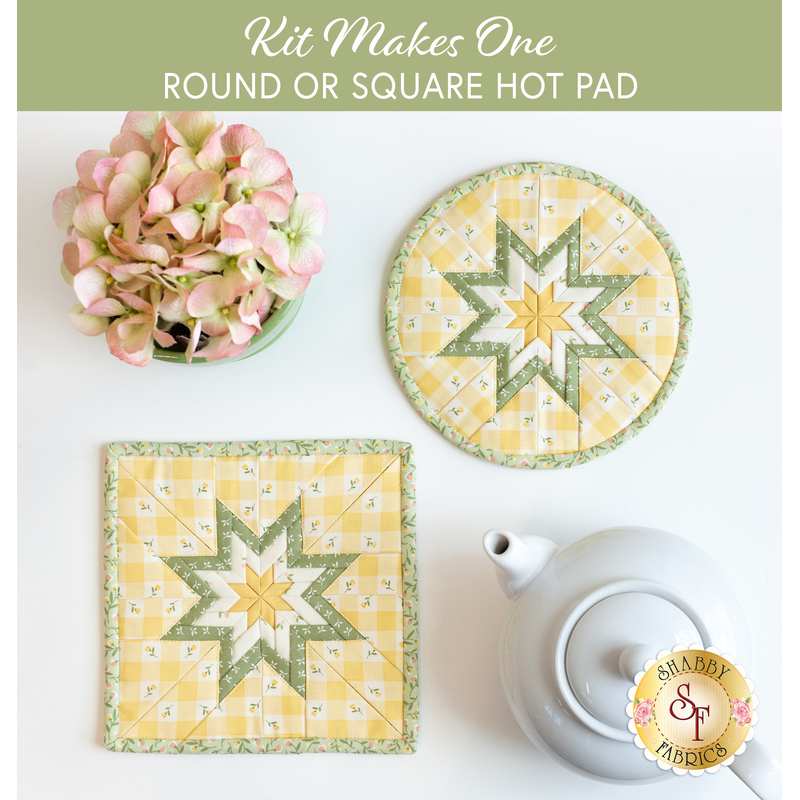 A top down shot of the completed round and square hot pads in yellow, staged on a white table with coordinating decor like flowers and a white teapot.