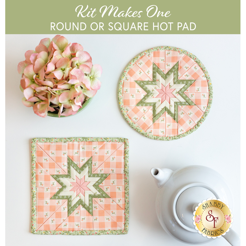 A top down shot of the completed round and square hot pads in peach, staged on a white table with coordinating decor like flowers and a white teapot.