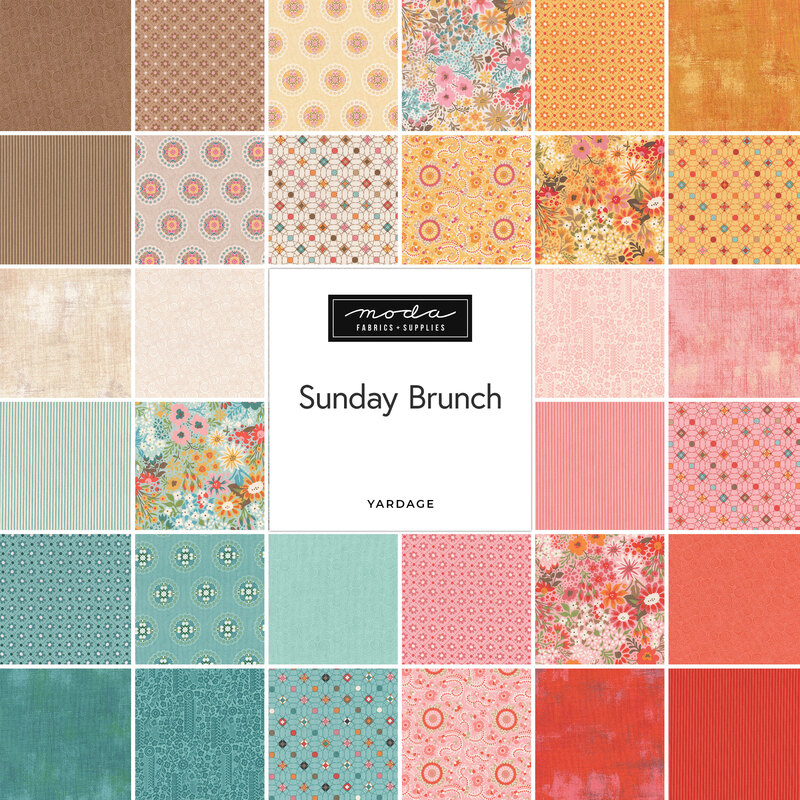 Collage of fabrics in the Sunday Brunch collection featuring florals and geometric designs in shades of teal, pink, yellow, and red